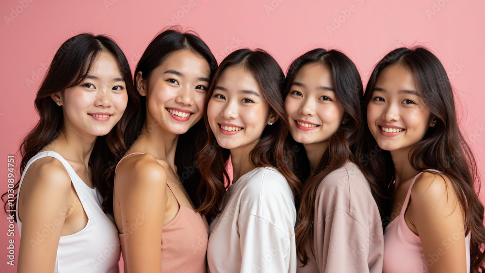 Diverse Young Women Posing on Pink: Empowering Portrait for Inclusivity Campaigns and Beauty Advertising Diverse Young Women Posing on Pink: Empowering Portrait for Inclusivity Campaigns and Beauty Advertising