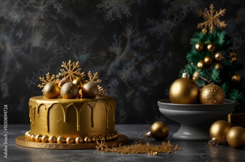 Celebrating the new year with a cake in gold tones on a dark background, the cake is decorated with snowflakes and Christmas balls with copy space photo