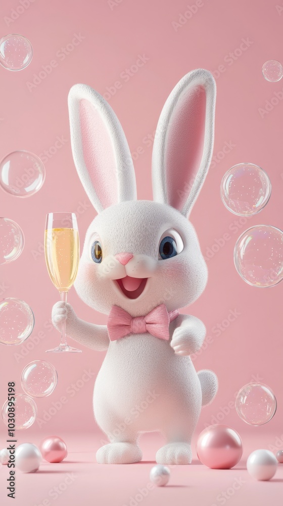 Cheerful bunny wearing a bow tie is raising a glass of champagne surrounded by soap bubbles on a pink background. This festive illustration is perfect for celebrations and special occasions Cheerful bunny wearing a bow tie is raising a glass of champagne surrounded by soap bubbles on a pink background. This festive illustration is perfect for celebrations and special occasions