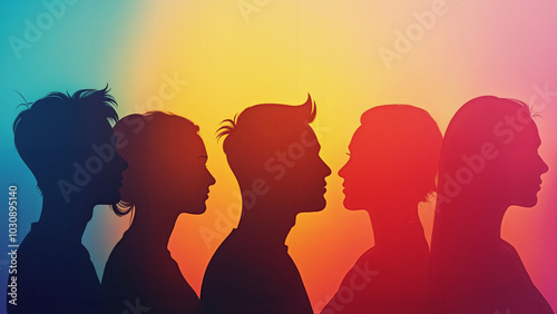 Side profile silhouettes of diverse people in colorful gradient light: Unity in diversity for inclusive marketing campaigns photo