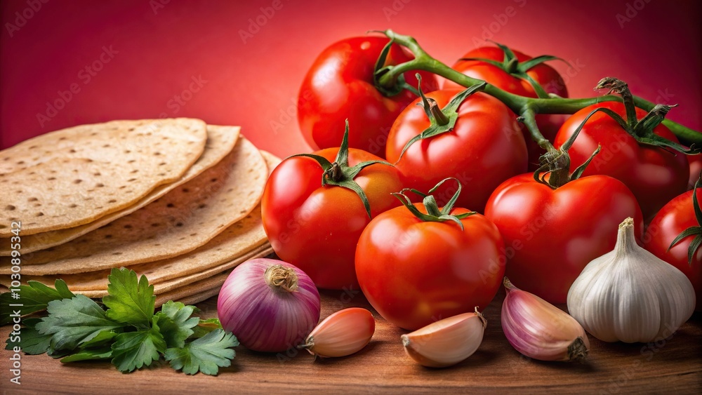 Fresh macro shot of tomatoes, onions, and tortillas on a vibrant red background Fresh macro shot of tomatoes, onions, and tortillas on a vibrant red background