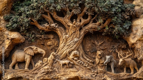 tree carved with the images animals 