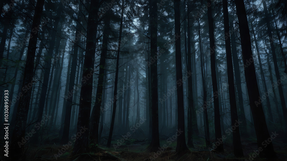 Naklejka premium A dark, eerie forest at night, enveloped in dense fog, with towering trees casting ominous shadows, evoking a chilling and terrifying atmosphere