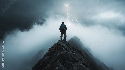 A lone climber stands silhouetted on a rocky peak as bright lightning streaks through thick clouds, symbolizing perseverance and nature's raw power. photo