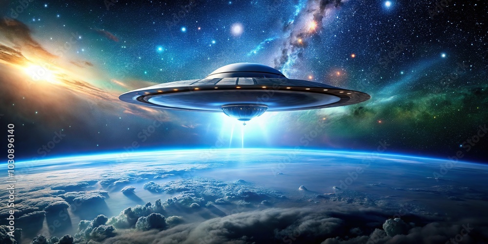 Aerial view of Earth with UFO flying in the sky Aerial view of Earth with UFO flying in the sky
