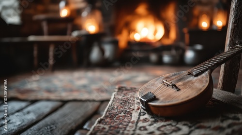 A wooden mandolin is resting quietly against a wooden chair in a cozy room, enveloped by the warm light from a fireplace, creating a rustic, inviting scene.