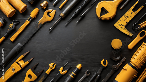 Assorted yellow and black construction tools on dark wooden background