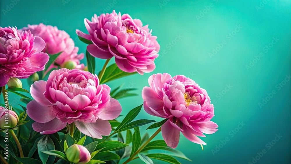 Beautiful peonies flowers foreground on green background with foliage background on blue, using forced perspective Beautiful peonies flowers foreground on green background with foliage background on blue, using forced perspective