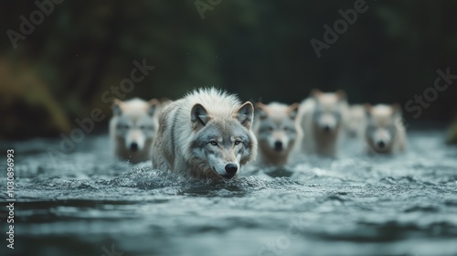 A wolf pack forges through a water body, showcasing unity and survival instincts, exemplifying nature's raw power and synchronized collaboration. photo
