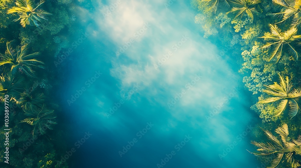 Obraz premium Aerial view of a tropical lagoon surrounded by lush green palm trees.