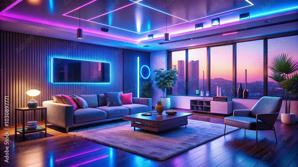 Smart Home Devices Illuminated by Neon Lights in a Futuristic Setting Smart Home Devices Illuminated by Neon Lights in a Futuristic Setting