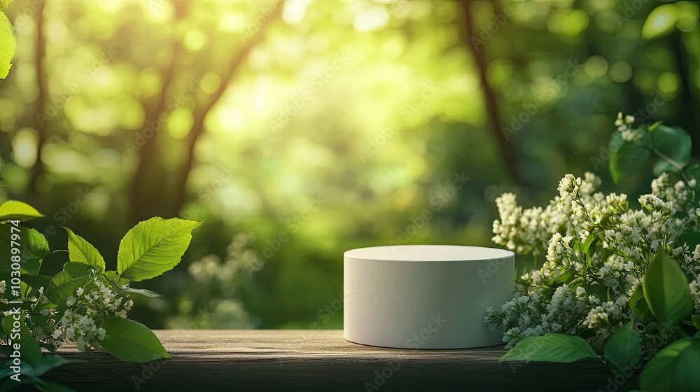 product podium in nature outdoors forest blurred green background. natural product product podium in nature outdoors forest blurred green background. natural product