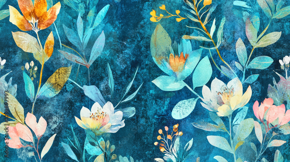 Vibrant bohemian turquoise floral design with wildflowers and exotic plants in earthy watercolor tones Vibrant bohemian turquoise floral design with wildflowers and exotic plants in earthy watercolor tones