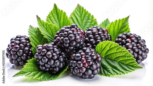 Fresh ripe blackberries with green leaves isolated on white background, perfect for recipes, health, and nutrition concepts