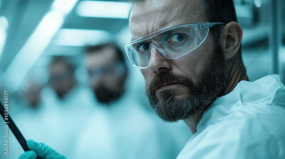 A scientist wearing protective goggles and suit stares intently, embodying focus and dedication in pursuit of groundbreaking research and scientific discovery. A scientist wearing protective goggles and suit stares intently, embodying focus and dedication in pursuit of groundbreaking research and scientific discovery.