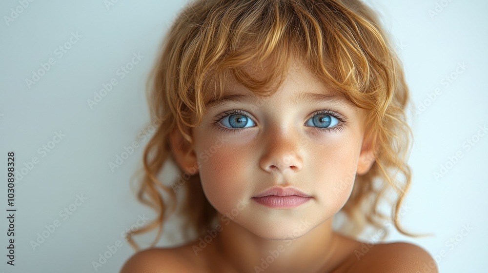 A charming child with golden curls and blue eyes gazes thoughtfully ahead A charming child with golden curls and blue eyes gazes thoughtfully ahead
