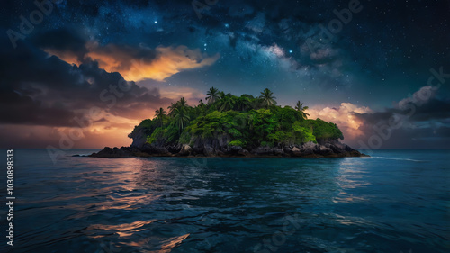 Tropical lonely magic rocky island with a few trees in the ocean with a magnificant cloudy colorful starry bright night sky