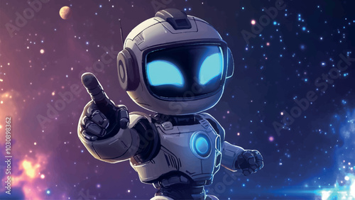 Cute Robot Pointing Finger into Space Cartoon Background Illustration Featuring Whimsical Scene Cosmic Adventure Vibrant Colors and Playful Atmosphere