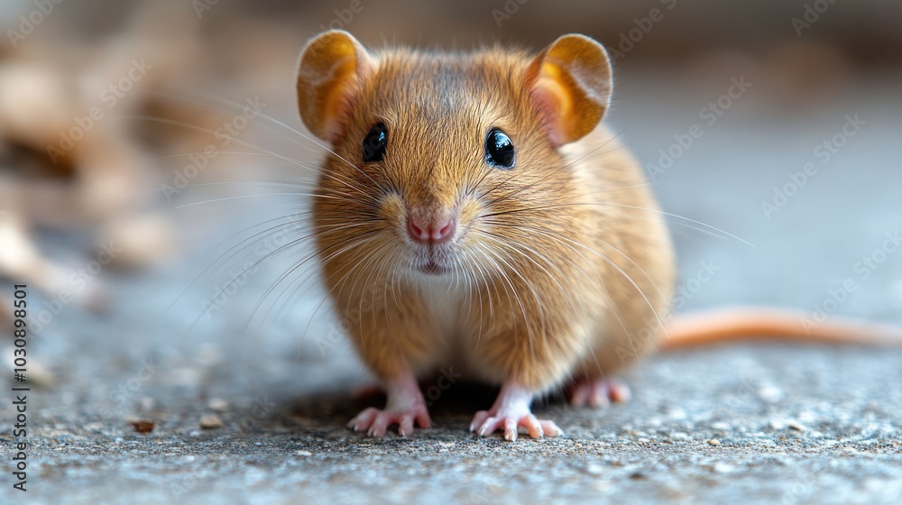 A small, inquisitive brown mouse ventures cautiously through the forest floor A small, inquisitive brown mouse ventures cautiously through the forest floor