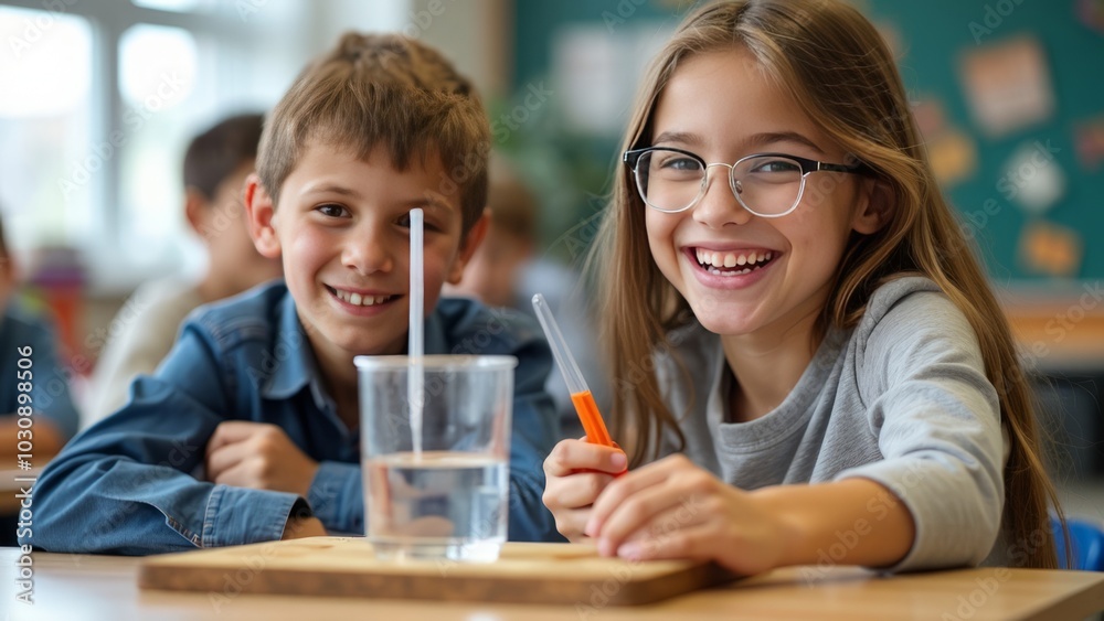 Cheerful young students engaging in a science experiment in classroom. International Week of Science and Peace Cheerful young students engaging in a science experiment in classroom. International Week of Science and Peace