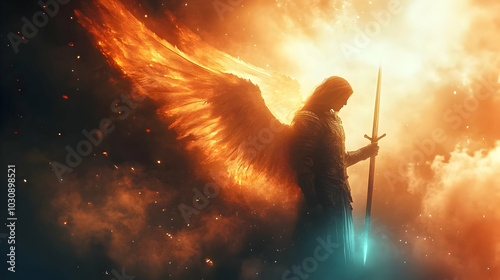 A majestic angel with fiery wings, holding a sword in a dramatic scene.