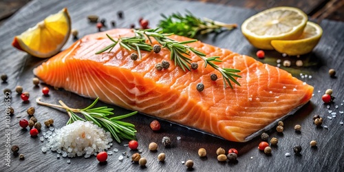 Fresh salmon fillet seasoned with herbs and spices on a wide-angle shot