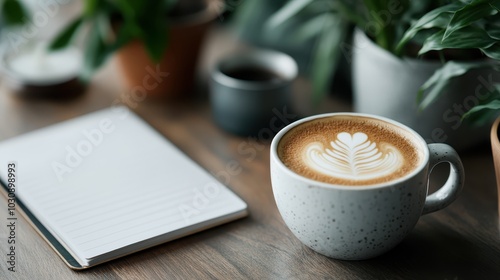 A textured handcrafted mug featuring elegant latte art sits beside an open notebook, surrounded by potted plants, creating a cozy and reflective space. photo