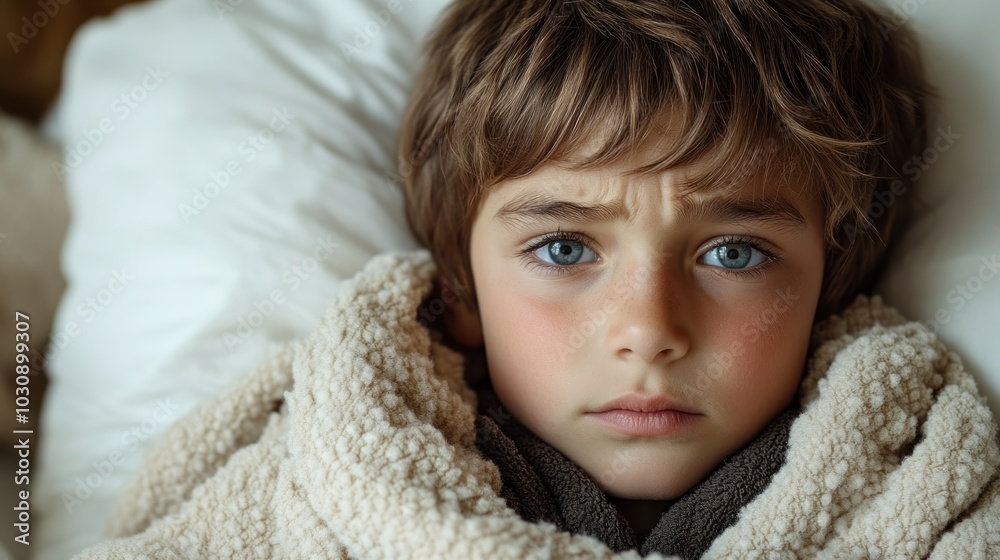 A pensive child sits wrapped in a soft blanket, deep in contemplation in a cozy space A pensive child sits wrapped in a soft blanket, deep in contemplation in a cozy space