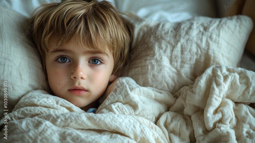 A child looks contemplatively while wrapped in soft blankets, enjoying a warm moment A child looks contemplatively while wrapped in soft blankets, enjoying a warm moment