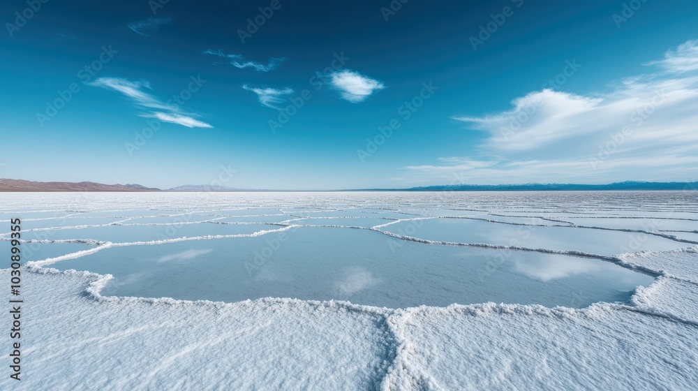 An expansive view featuring hexagon patterned salt flats seamlessly mirroring clouds in a vast, open landscape under bright, clear skies, capturing pristine beauty.