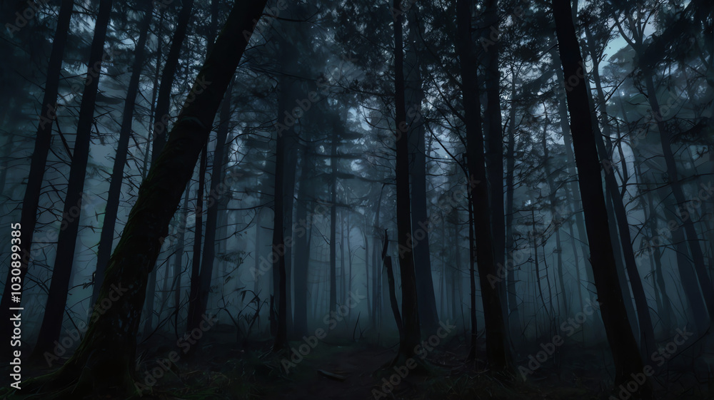 Obraz premium Dark eerie forest at night, enveloped in fog, with towering trees and a frightening atmosphere 