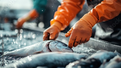 A vibrant seafood market image showing fresh fish being handled by gloved workers, highlighting the bustling activity and freshness of the daily catch in the market.