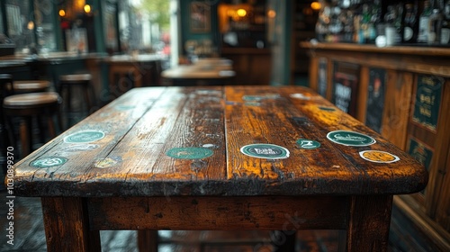 Cozy pub atmosphere with a rustic table featuring vibrant coasters and ambient lighting