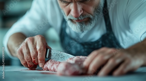 An experienced butcher is captured in the moment of perfecting a meat cut using a sharp knife, illustrating mastery, diligence, and timeless techniques. photo