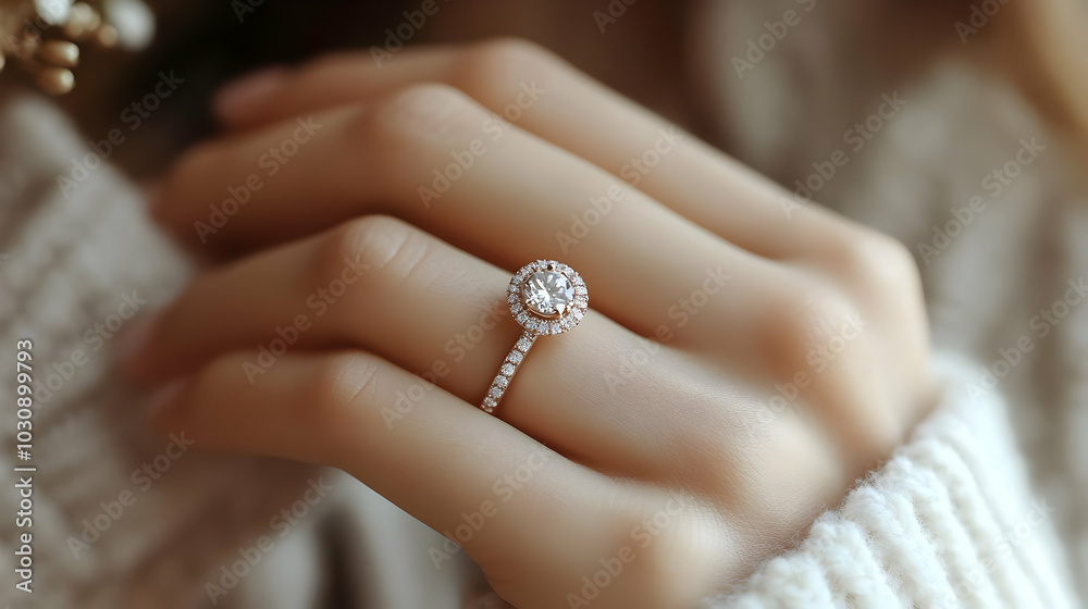 A close-up of a hand wearing a sparkling engagement ring. A close-up of a hand wearing a sparkling engagement ring.
