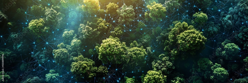 Digital network overlay on forest landscape with trees. Digital network overlay on forest landscape with trees.
