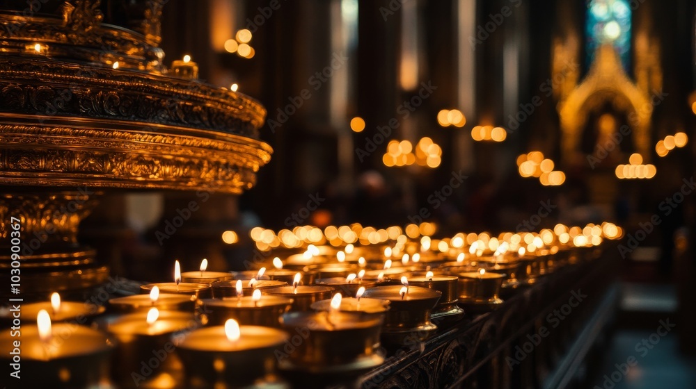 Faithful lighting candles in a gothic cathedral during a solemn moment of worship Faithful lighting candles in a gothic cathedral during a solemn moment of worship