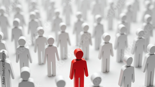 Power of individuality: Red figure stands out in blurred white crowd, perfect for diversity campaigns or leadership concepts