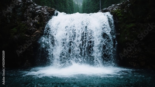 A powerful waterfall crashes with an unstoppable force through a dense, evergreen forest, embodying the untamed and raw energy of nature's perpetual motion.