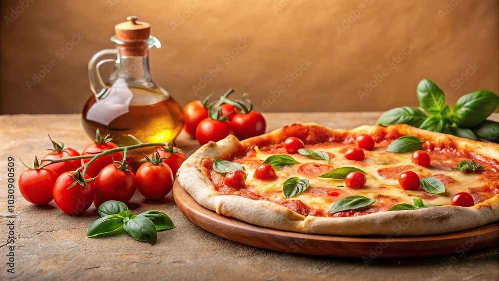 Freshly baked Margarita pizza with golden brown crust and bright red tomato sauce, bottle of olive oil on beige background, close-up Freshly baked Margarita pizza with golden brown crust and bright red tomato sauce, bottle of olive oil on beige background, close-up