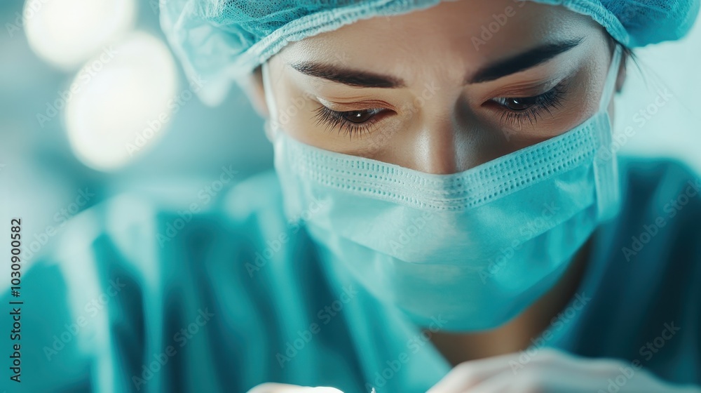 A focused healthcare professional, dressed in surgical attire, carefully performing a delicate procedure in a medical environment, embodying precision and dedication. A focused healthcare professional, dressed in surgical attire, carefully performing a delicate procedure in a medical environment, embodying precision and dedication.