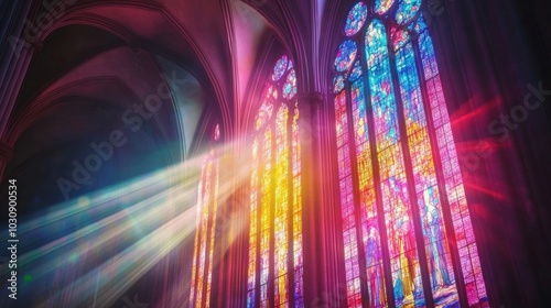 Colorful stained glass windows inside a cathedral with light streaming in