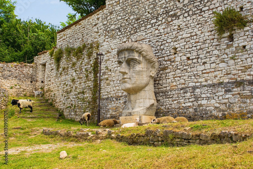 The Head of Constantine the Great and some sheep and goats who wander freely around the fortified Berat Castle, southern Albania. 3.5m high limestone sculpture dating from 330AD.