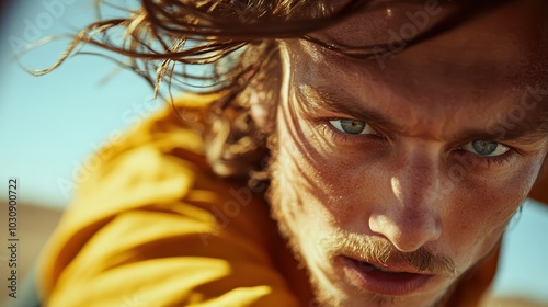 A dynamic portrait of a man with intense eyes, wearing a yellow jacket, showcasing movement and expression in an outdoor setting under natural light. photo