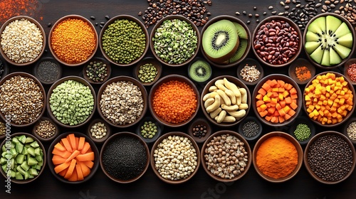 Bowls of various grains, legumes, nuts, and fruits on a wooden background.