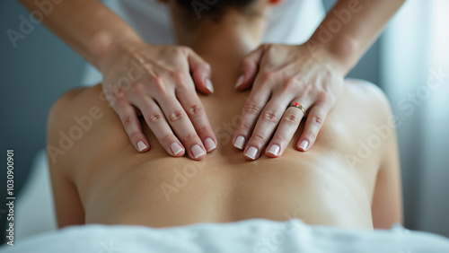 Close-up of female patient receiving therapeutic back massage in clinic: Wellness and rehabilitation stock photo