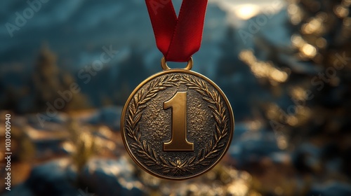 Gold medal hangs on a red ribbon, symbolizing triumph and victory, capturing success, achievement, and pride, motivating others to strive for excellence