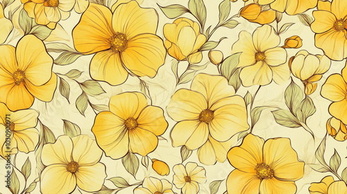 Vintage yellow floral design with delicate hand-drawn flowers on a soft pastel 1920s art deco background