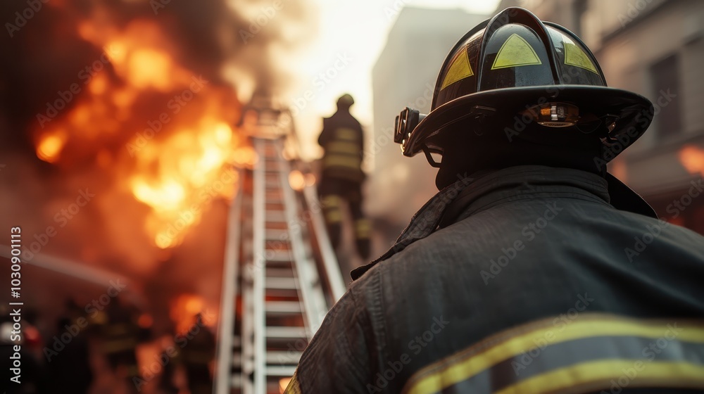 In action, a firefighter moves toward a burning building, showcasing courage and quick response under intense conditions within an urban landscape. In action, a firefighter moves toward a burning building, showcasing courage and quick response under intense conditions within an urban landscape.