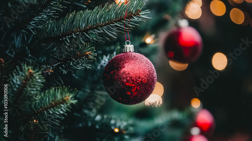A red Christmas ornament hangs from a tree branch